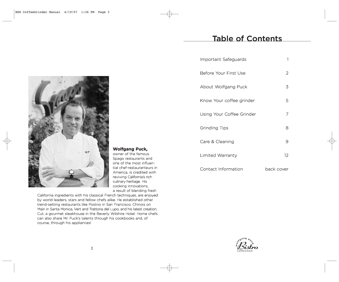 Wolfgang Puck BCBG0012 manual Table of Contents, Wolfgang Puck 