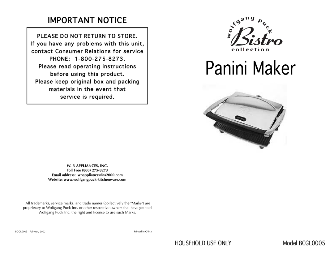 Wolfgang Puck BCGL0005 manual Panini Maker 