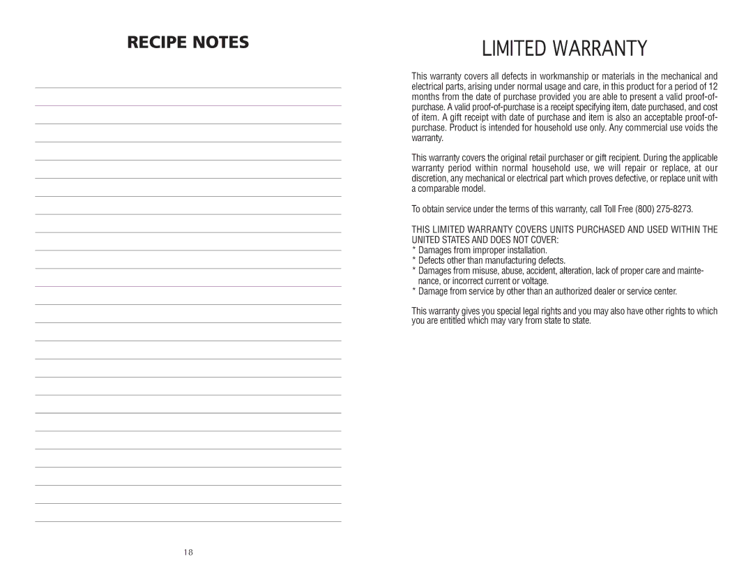 Wolfgang Puck BCGL0005 manual Recipe Notes, Limited Warranty 