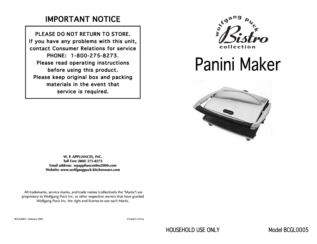 Wolfgang Puck BCGL0005 manual Panini Maker, Important Notice 