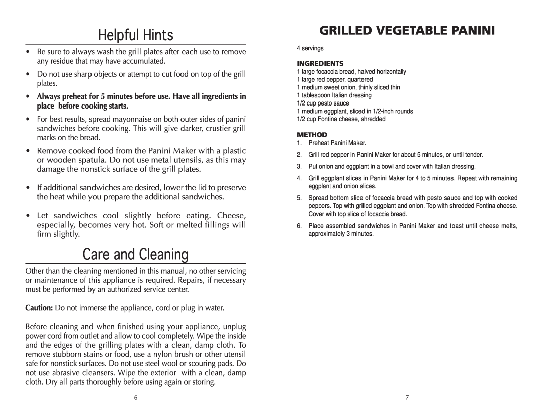 Wolfgang Puck BCGL0005 manual Helpful Hints, Care and Cleaning, Grilled Vegetable Panini 