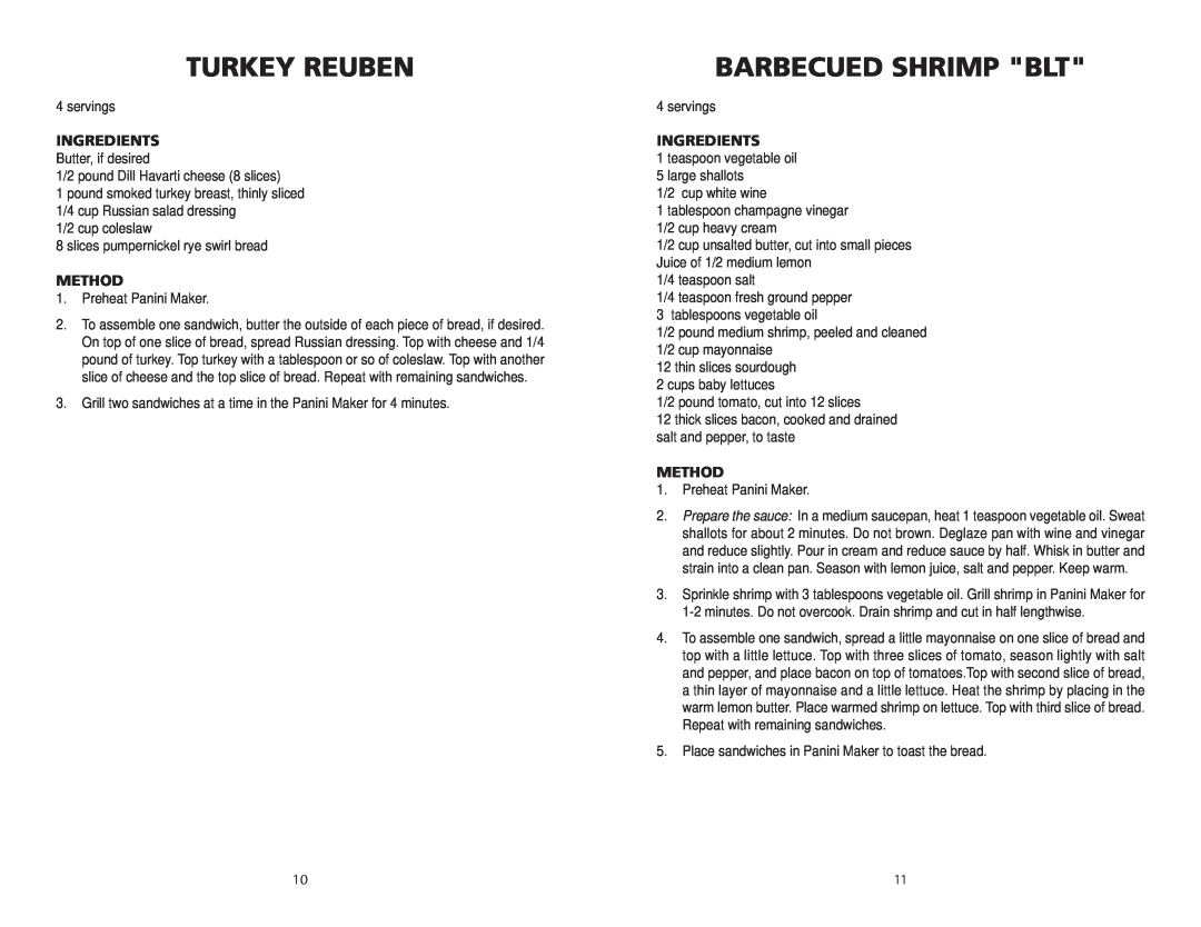 Wolfgang Puck BCGL0005 manual Turkey Reuben, Barbecued Shrimp Blt, Ingredients, Method 