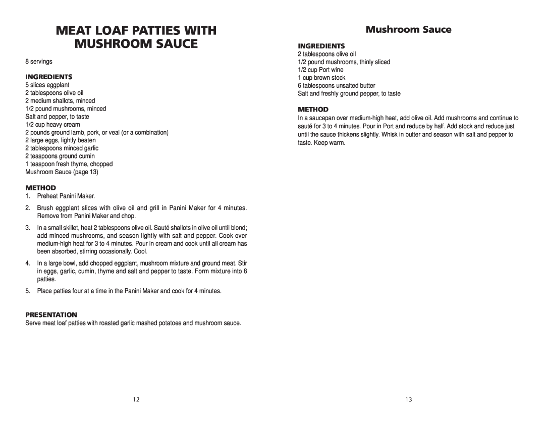 Wolfgang Puck BCGL0005 manual Meat Loaf Patties With Mushroom Sauce, Ingredients, Method, Presentation 