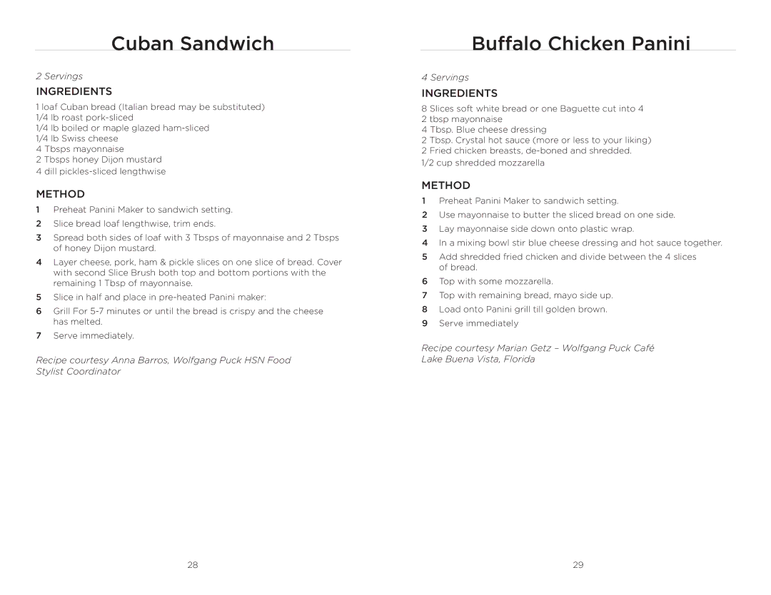 Wolfgang Puck BCGL0020 operating instructions Cuban Sandwich, Buffalo Chicken Panini 