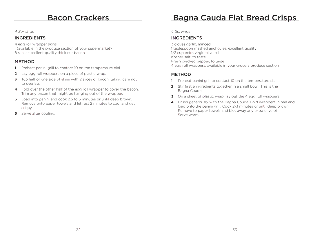 Wolfgang Puck BCGL0020 operating instructions Bacon Crackers, Bagna Cauda Flat Bread Crisps 