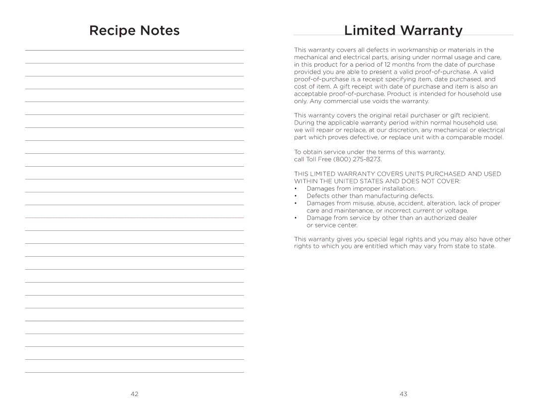 Wolfgang Puck BCGL0020 operating instructions Recipe Notes Limited Warranty 