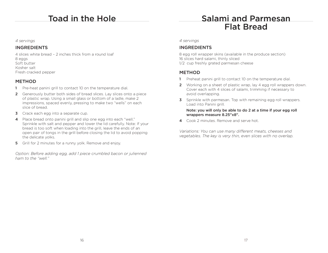 Wolfgang Puck BCGL0020 operating instructions Toad in the Hole, Salami and Parmesan Flat Bread 