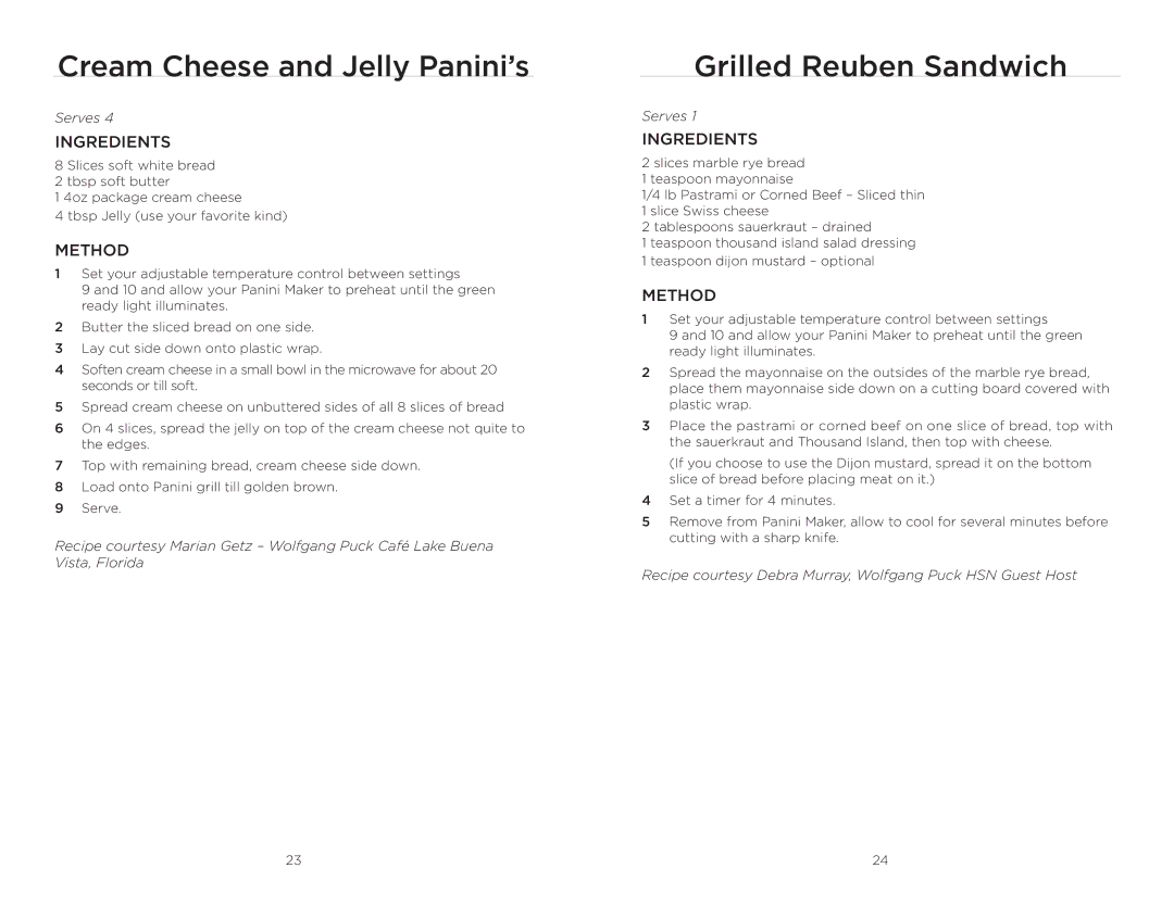 Wolfgang Puck BCGL0030 manual Cream Cheese and Jelly Panini’s, Grilled Reuben Sandwich 