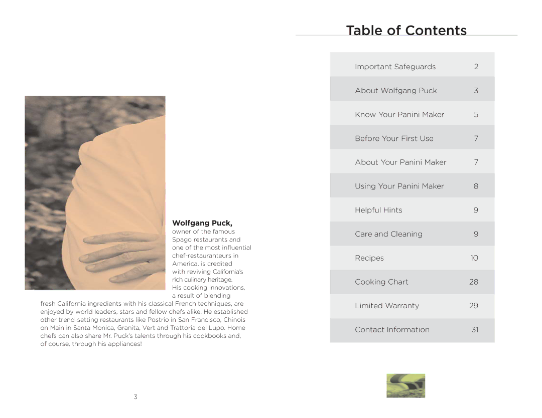 Wolfgang Puck BCGL0030 manual Table of Contents 