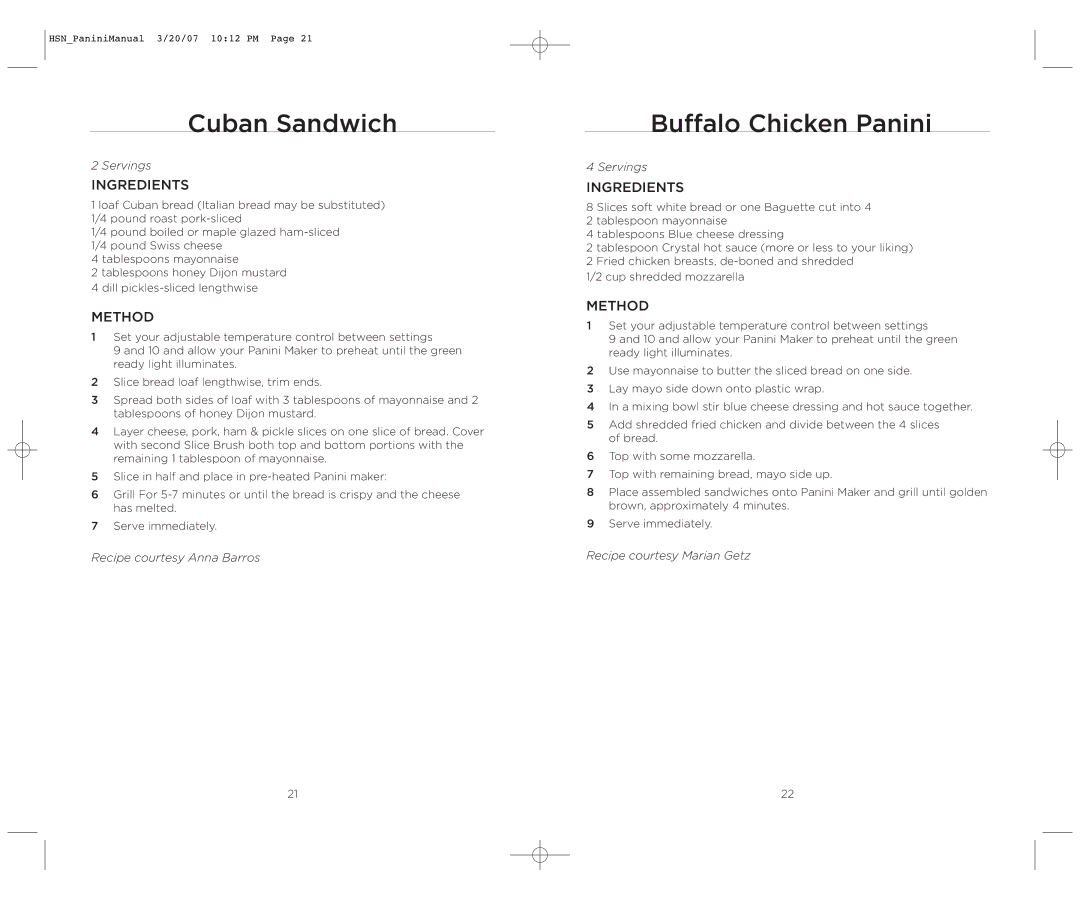 Wolfgang Puck BCGL0035 operating instructions Cuban Sandwich, Buffalo Chicken Panini 