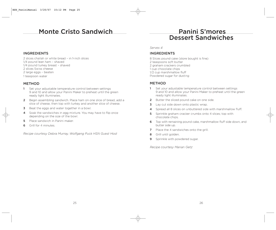 Wolfgang Puck BCGL0035 operating instructions Monte Cristo Sandwich, Panini S’mores Dessert Sandwiches 