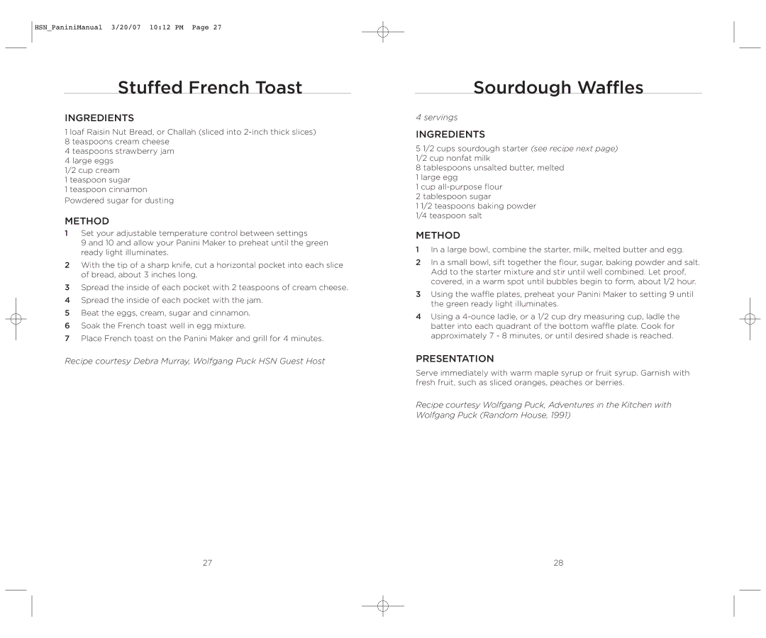 Wolfgang Puck BCGL0035 operating instructions Stuffed French Toast, Sourdough Waffles 