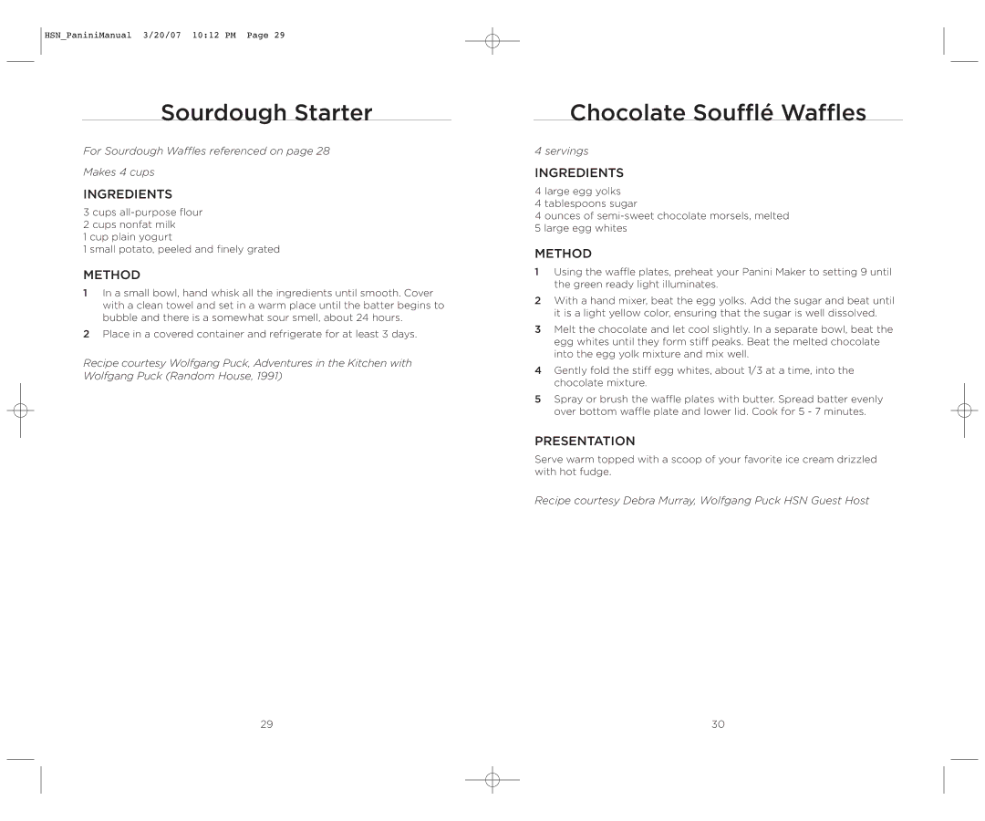 Wolfgang Puck BCGL0035 operating instructions Sourdough Starter, Chocolate Soufflé Waffles 