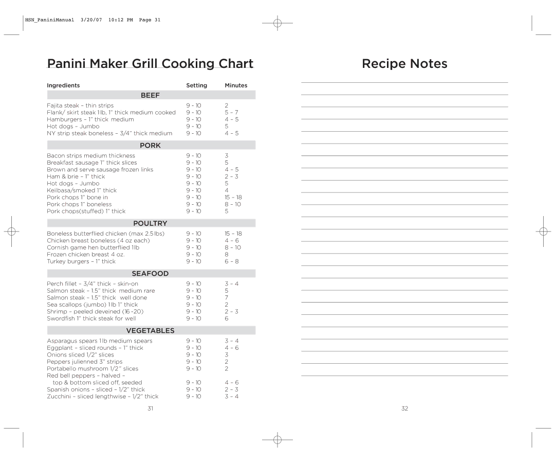 Wolfgang Puck BCGL0035 operating instructions Panini Maker Grill Cooking Chart, Recipe Notes 