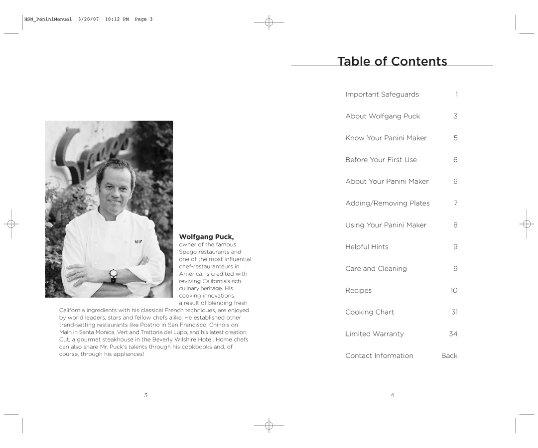 Wolfgang Puck BCGL0035 operating instructions Table of Contents 