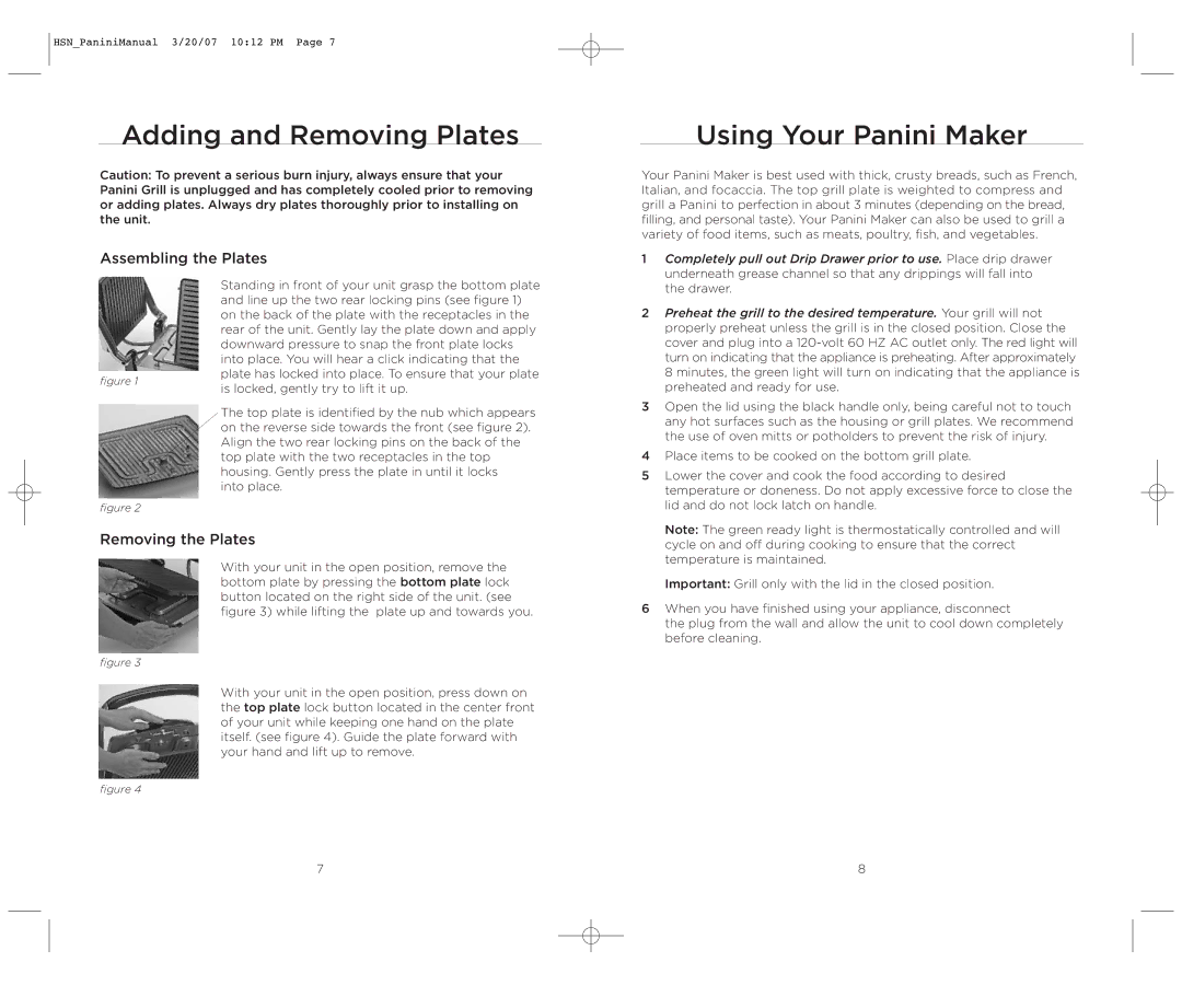 Wolfgang Puck BCGL0035 operating instructions Adding and Removing Plates, Using Your Panini Maker 