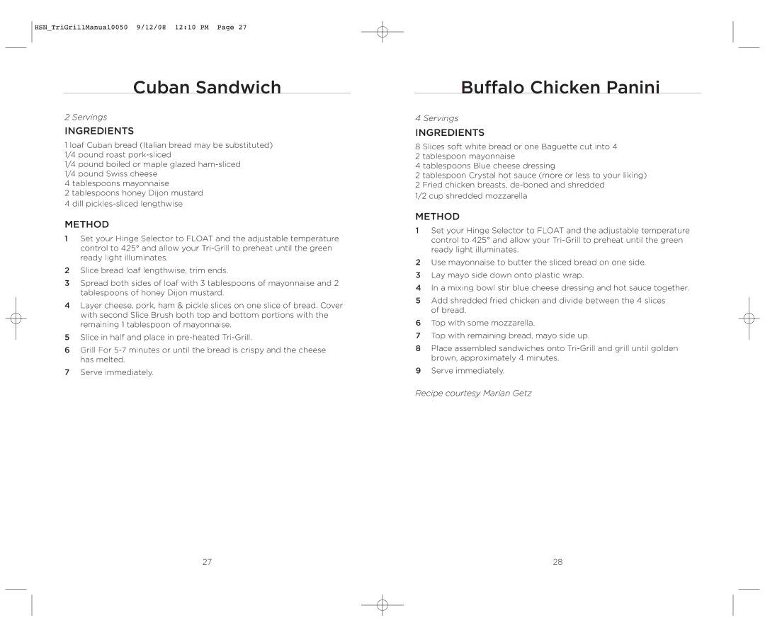 Wolfgang Puck BCGL0050 operating instructions Cuban Sandwich, Buffalo Chicken Panini 