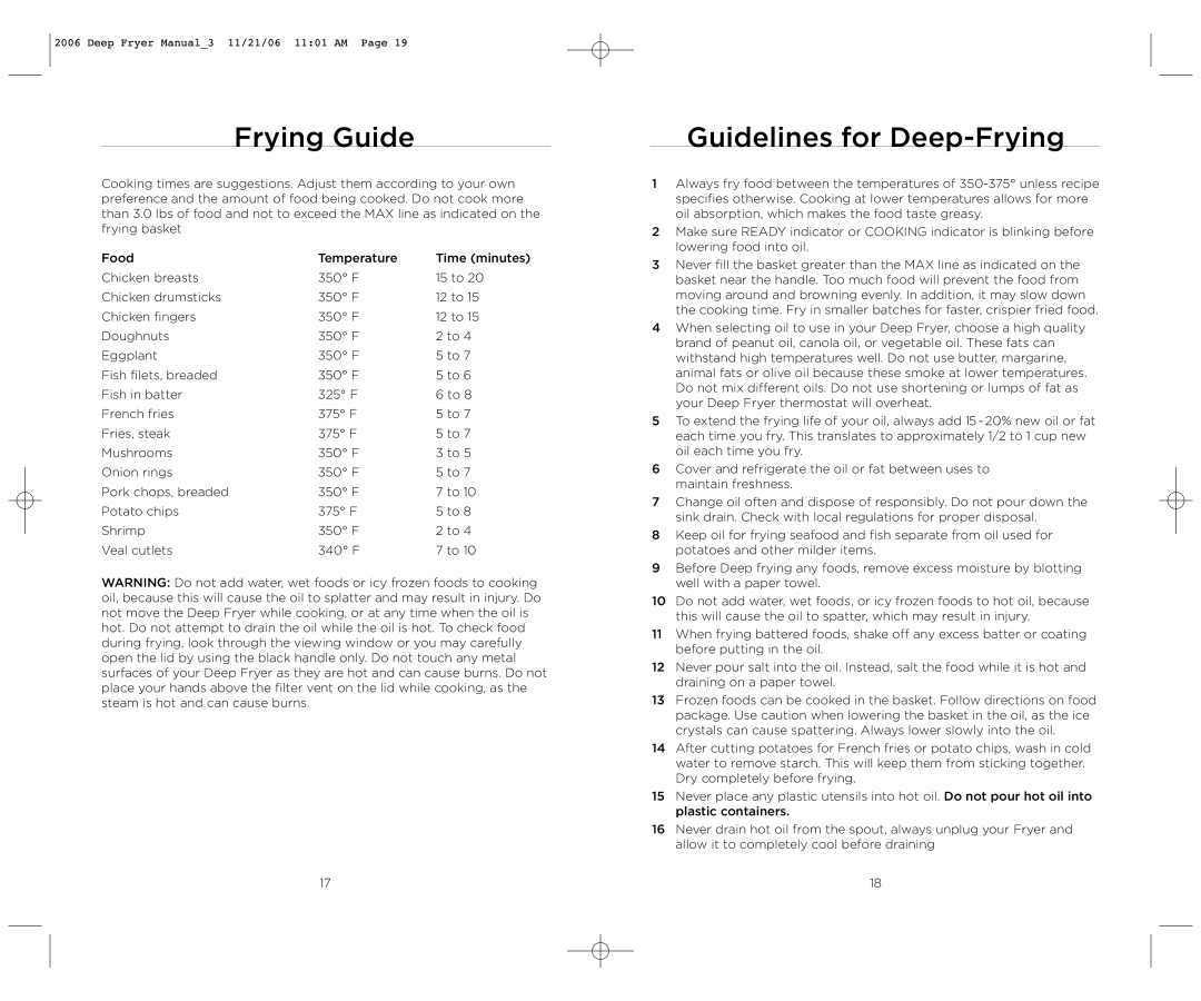 Wolfgang Puck BDFR0040 operating instructions Frying Guide, Guidelines for Deep-Frying 