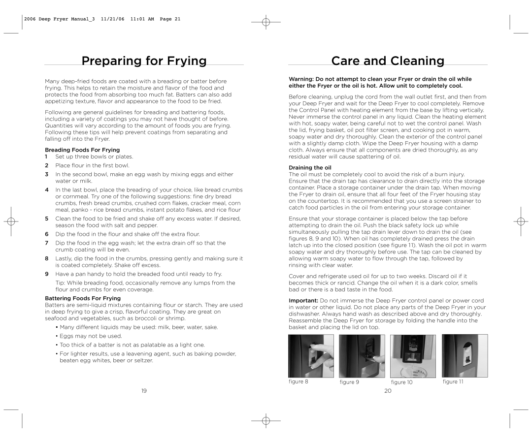 Wolfgang Puck BDFR0040 operating instructions Preparing for Frying, Care and Cleaning 