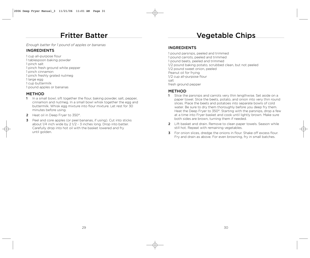 Wolfgang Puck BDFR0040 operating instructions Fritter Batter, Vegetable Chips 