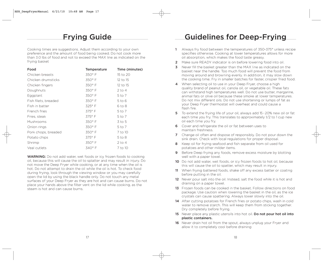 Wolfgang Puck BDFR0060 manual Frying Guide, Guidelines for Deep-Frying 