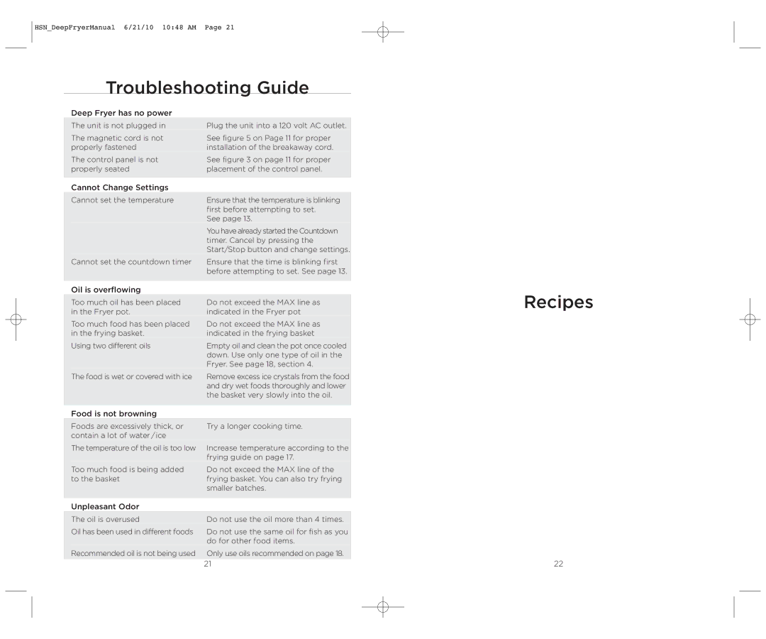 Wolfgang Puck BDFR0060 manual Troubleshooting Guide, Recipes 