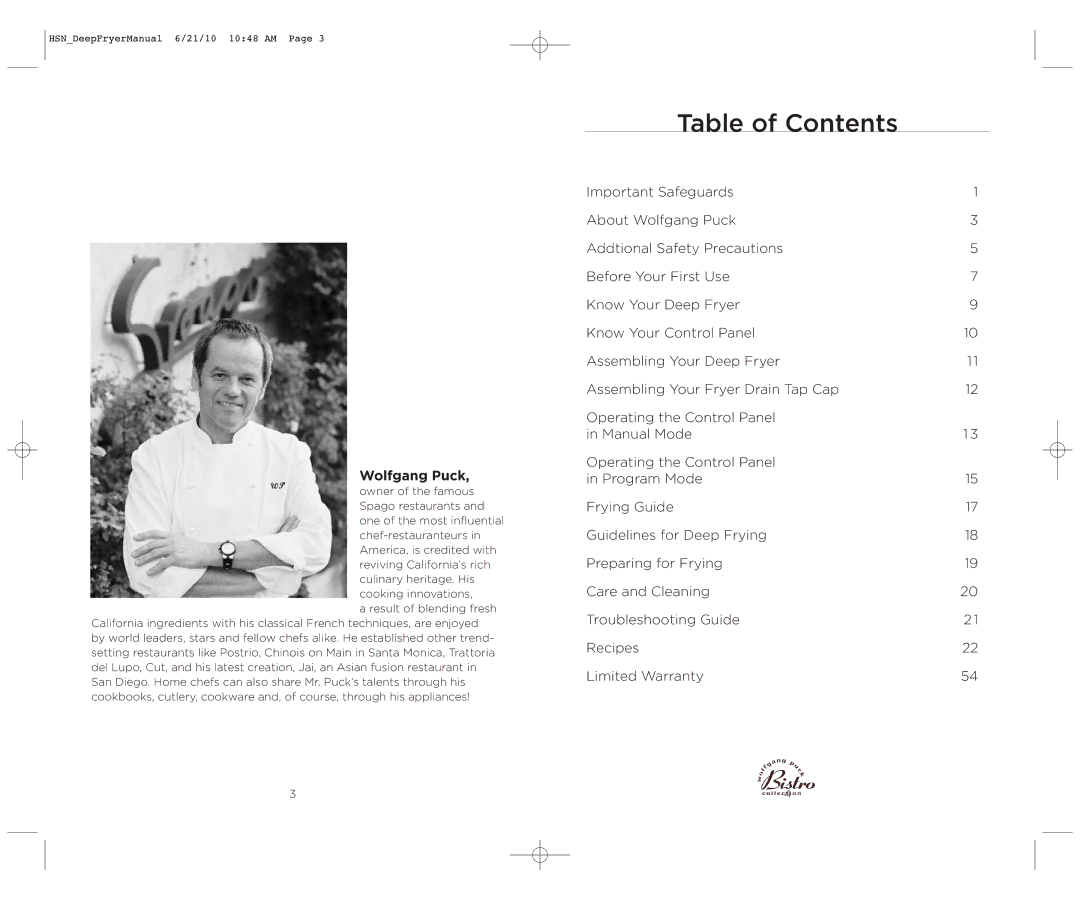 Wolfgang Puck BDFR0060 manual Table of Contents 