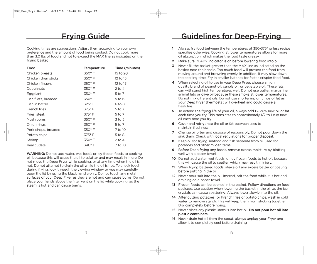 Wolfgang Puck BDFR0060 manual Frying Guide, Guidelines for Deep-Frying 