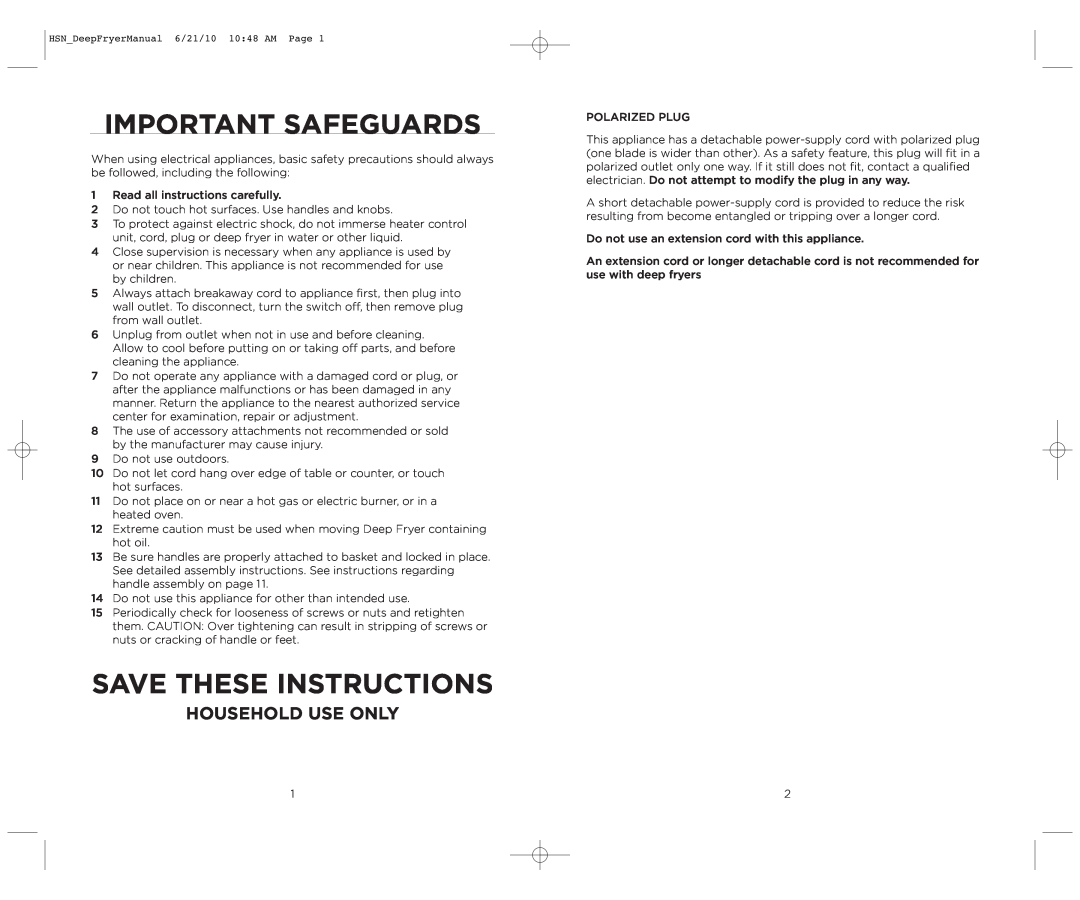 Wolfgang Puck BDFR0060 manual Important Safeguards, Save These Instructions, Household Use Only 