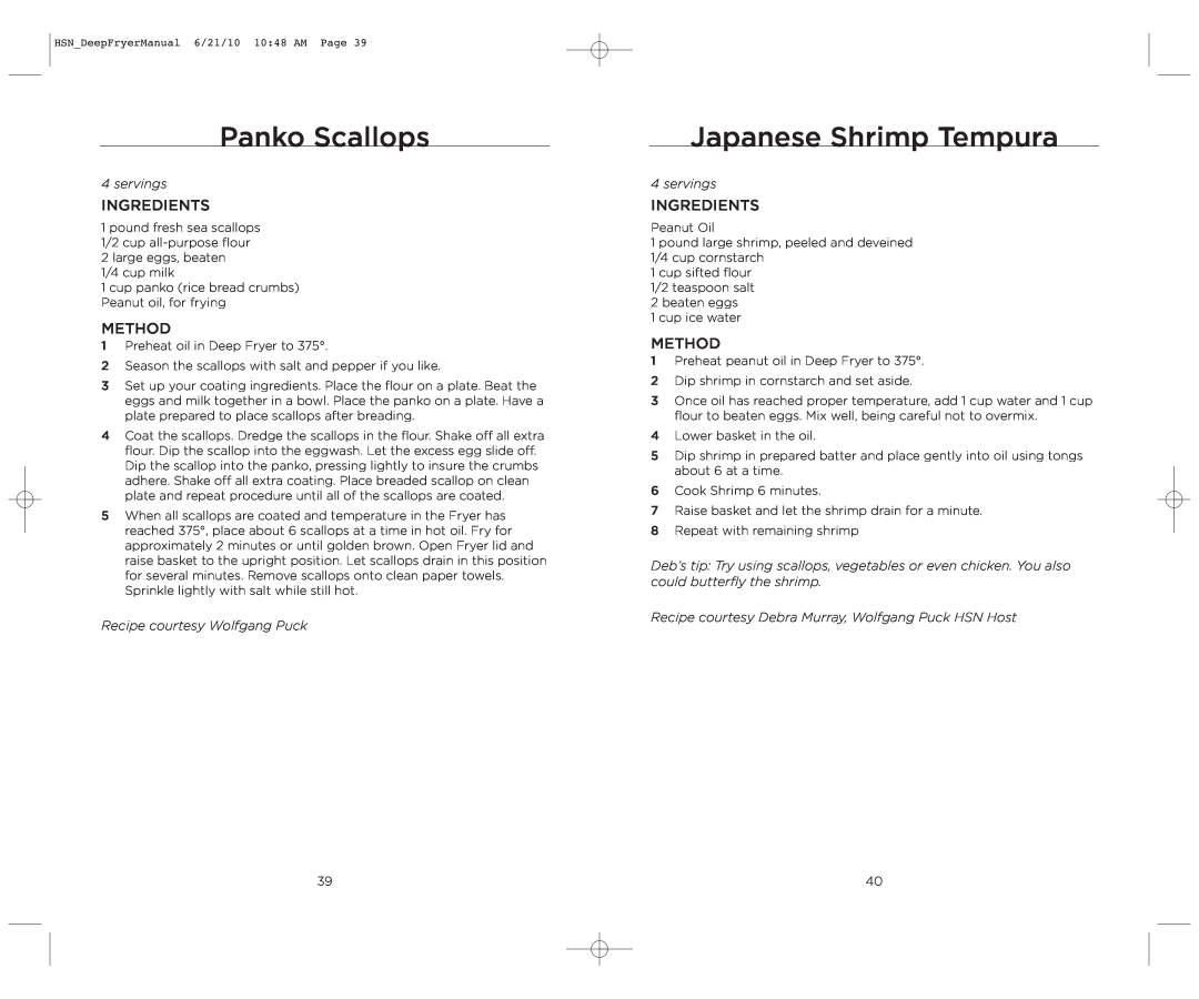 Wolfgang Puck BDFR0060 manual Panko Scallops, Japanese Shrimp Tempura, servings, Recipe courtesy Wolfgang Puck 