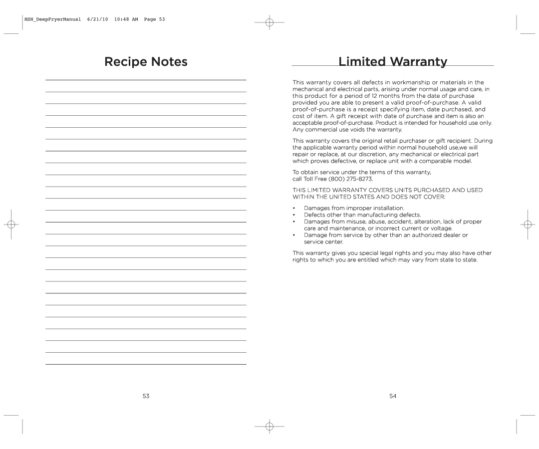 Wolfgang Puck BDFR0060 manual Limited Warranty, Recipe Notes 