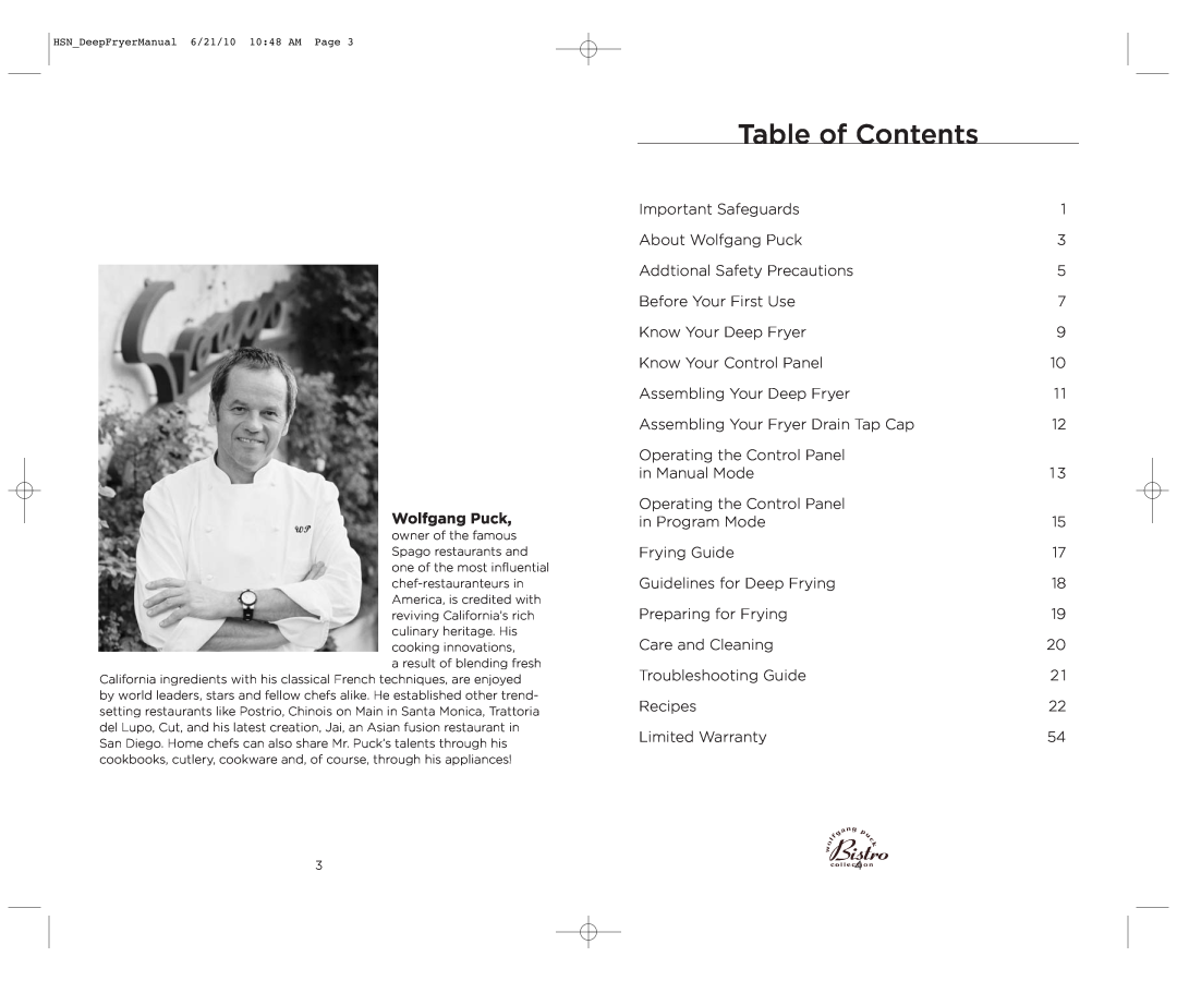 Wolfgang Puck BDFR0060 manual Table of Contents, Wolfgang Puck 