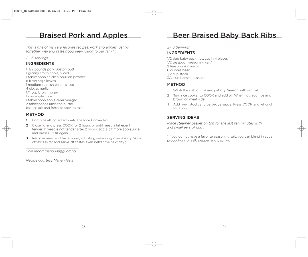 Wolfgang Puck BDRCRB007 operating instructions Braised Pork and Apples, Beer Braised Baby Back Ribs 