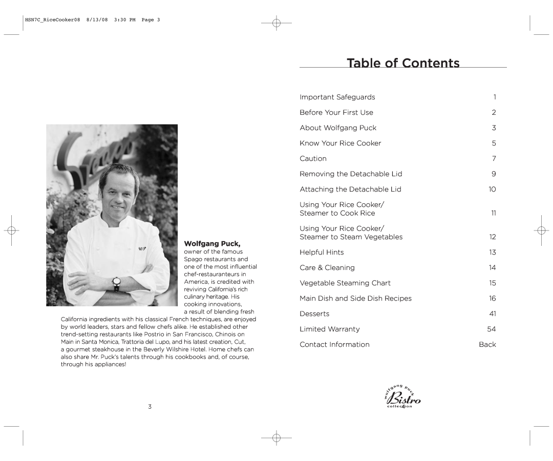 Wolfgang Puck BDRCRB007 operating instructions Table of Contents, Wolfgang Puck 