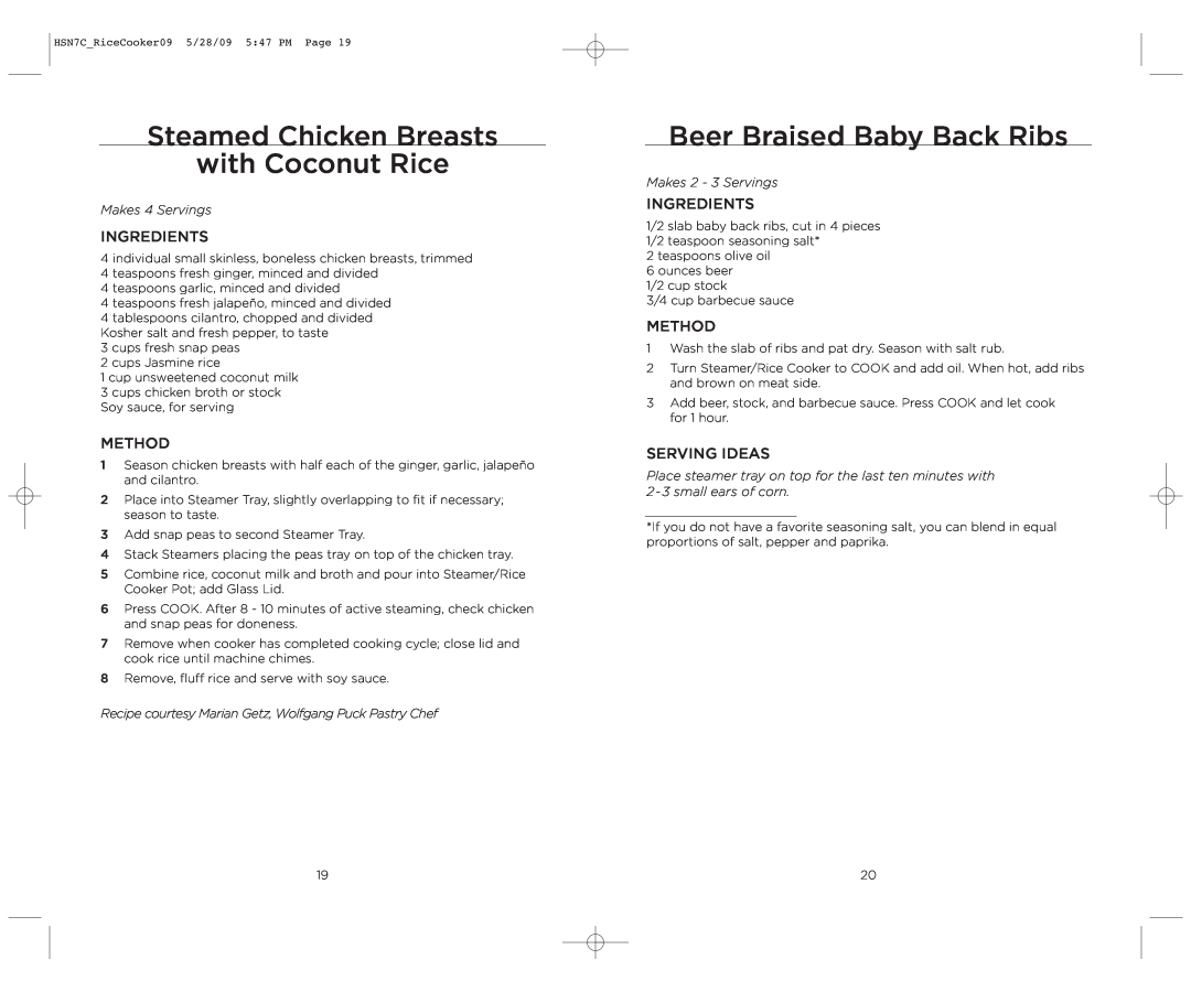 Wolfgang Puck BDRCRS007 manual Steamed Chicken Breasts with Coconut Rice, Beer Braised Baby Back Ribs, Makes 4 Servings 