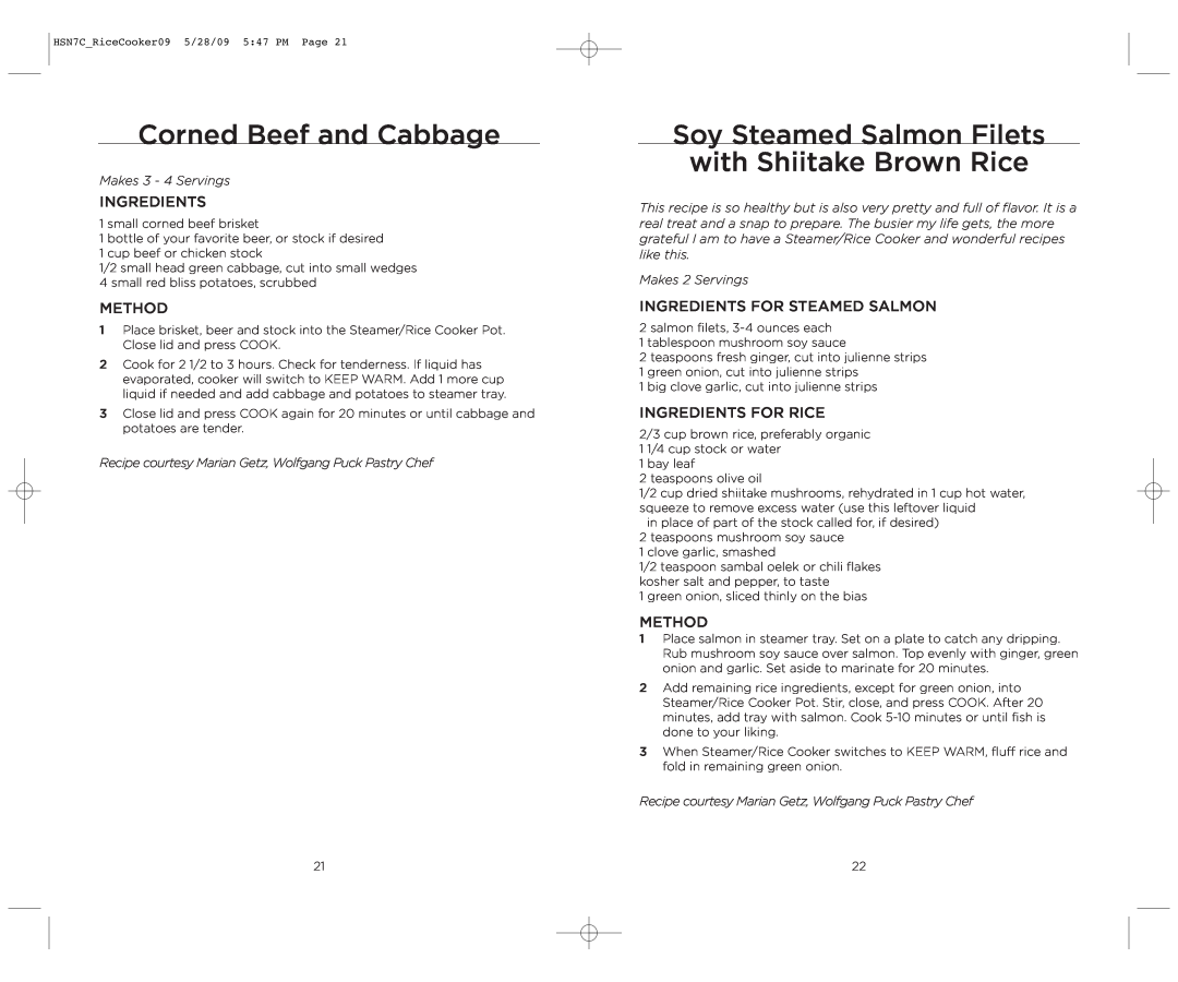Wolfgang Puck BDRCRS007 Corned Beef and Cabbage, Soy Steamed Salmon Filets with Shiitake Brown Rice, Makes 3 - 4 Servings 