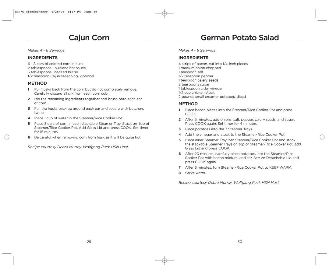 Wolfgang Puck BDRCRS007 manual Cajun Corn, German Potato Salad, Makes 4 - 6 Servings 