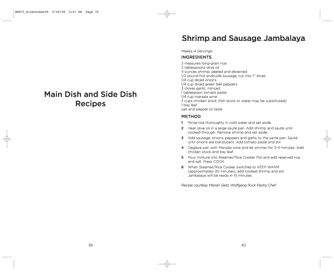 Wolfgang Puck BDRCRS007 manual Main Dish and Side Dish Recipes, Shrimp and Sausage Jambalaya, Makes 4 Servings 