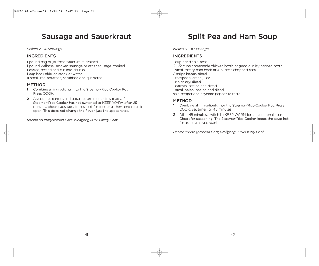 Wolfgang Puck BDRCRS007 manual Sausage and Sauerkraut, Split Pea and Ham Soup, Makes 2 - 4 Servings, Makes 3 - 4 Servings 