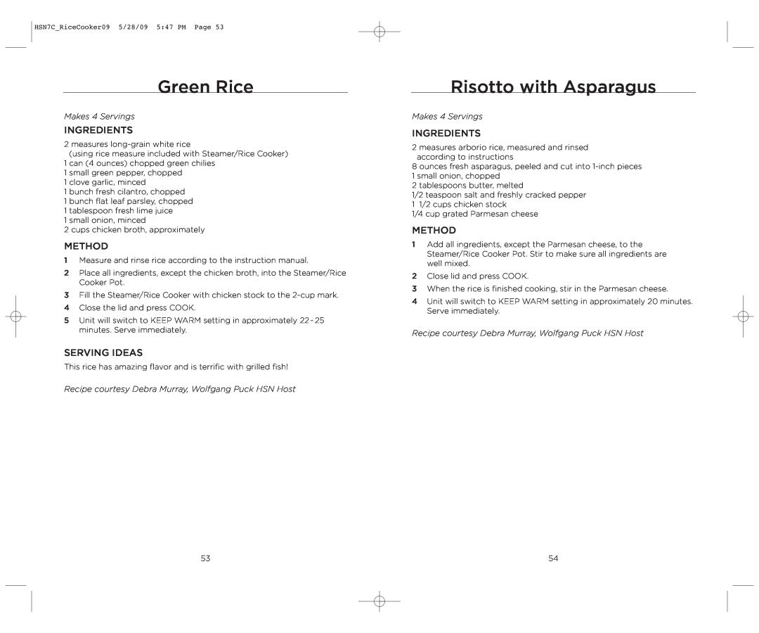Wolfgang Puck BDRCRS007 manual Green Rice, Risotto with Asparagus, Makes 4 Servings 