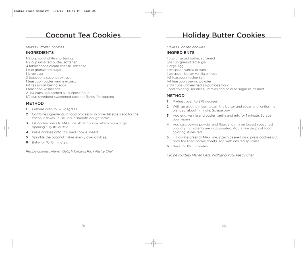 Wolfgang Puck BECP0020 manual Coconut Tea Cookies, Holiday Butter Cookies 