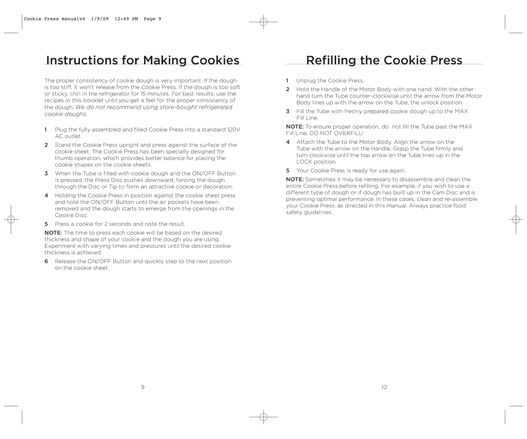 Wolfgang Puck BECP0020 manual Instructions for Making Cookies, Refilling the Cookie Press 