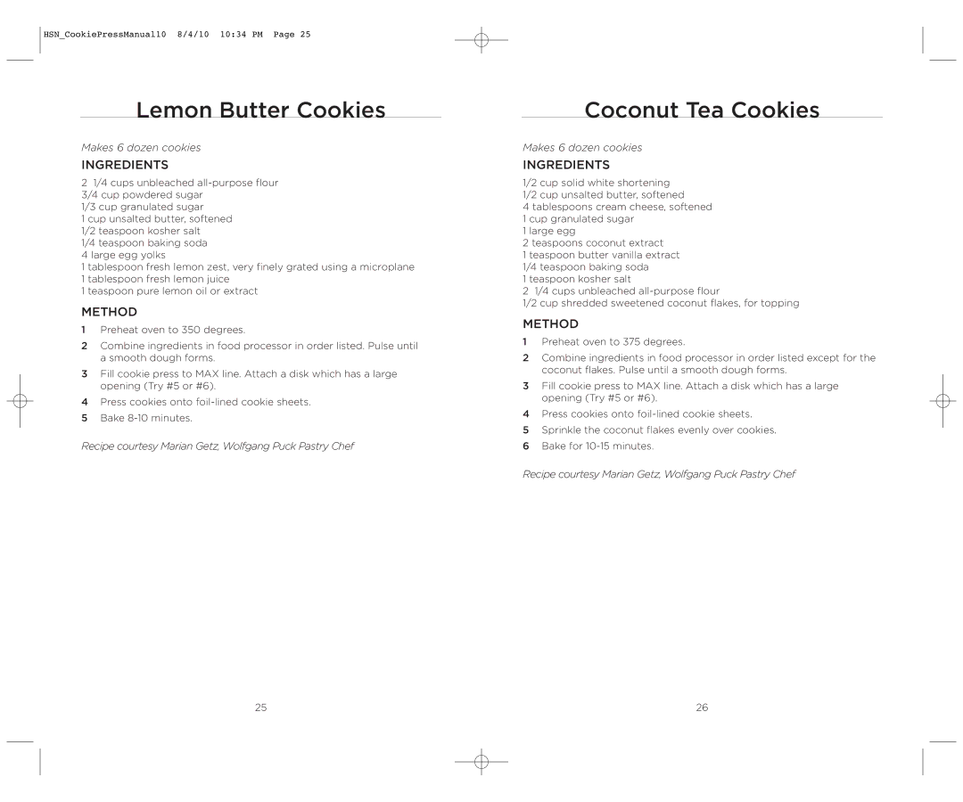 Wolfgang Puck BECP0030 operating instructions Lemon Butter Cookies, Coconut Tea Cookies 