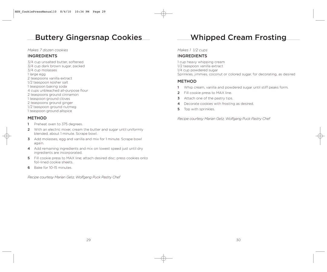 Wolfgang Puck BECP0030 operating instructions Buttery Gingersnap Cookies, Whipped Cream Frosting 