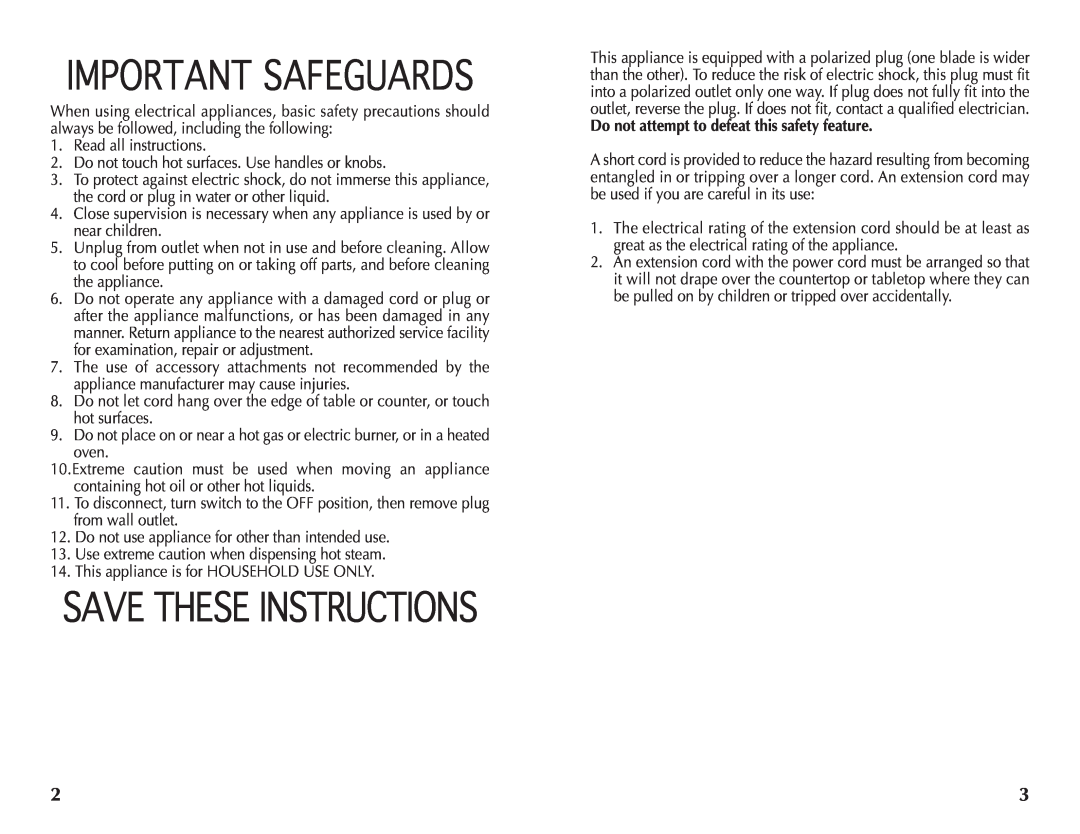 Wolfgang Puck BECR0010 manual Important Safeguards, Save These Instructions, Do not attempt to defeat this safety feature 