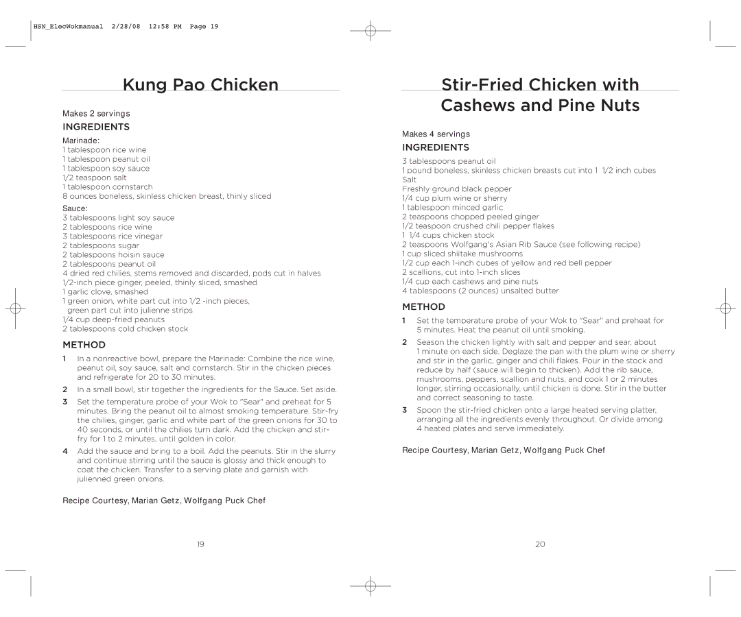 Wolfgang Puck BEWK0030 operating instructions Kung Pao Chicken, Stir-Fried Chicken with Cashews and Pine Nuts 