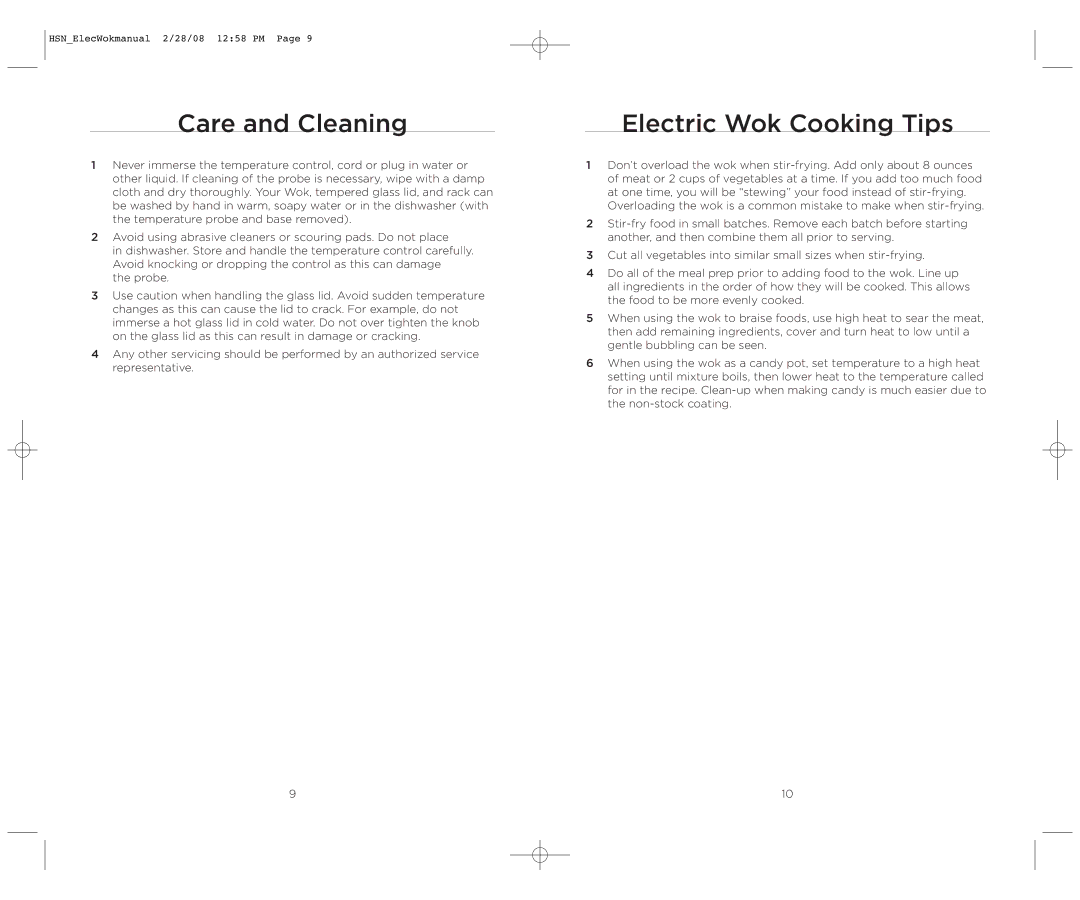 Wolfgang Puck BEWK0030 operating instructions Care and Cleaning, Electric Wok Cooking Tips 