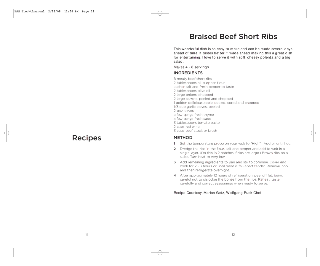 Wolfgang Puck BEWK0030 operating instructions Recipes Braised Beef Short Ribs, Ingredients, Method 