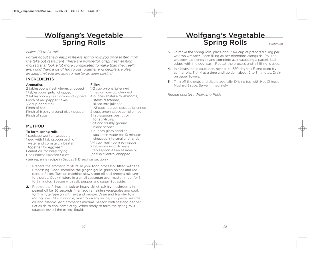 Wolfgang Puck BFPR0007 manual Wolfgang’s Vegetable Spring Rolls 