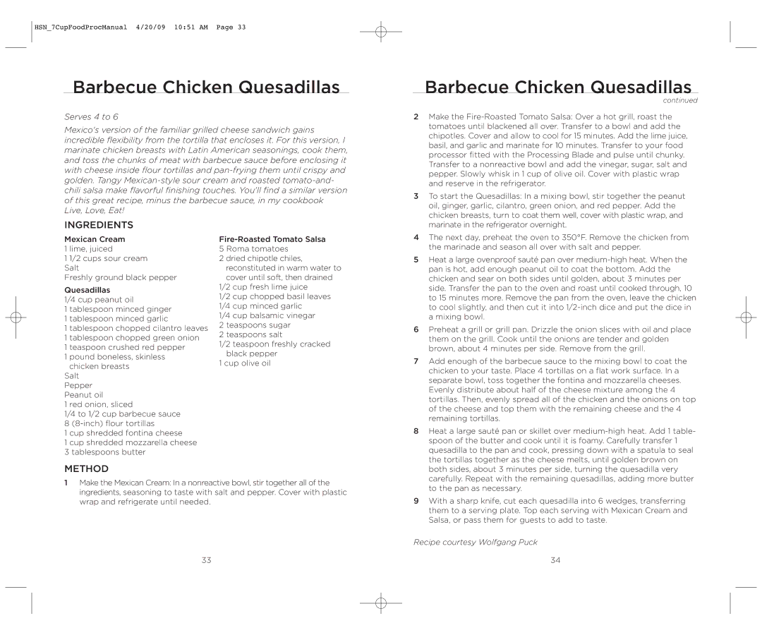 Wolfgang Puck BFPR0007 manual Barbecue Chicken Quesadillas 